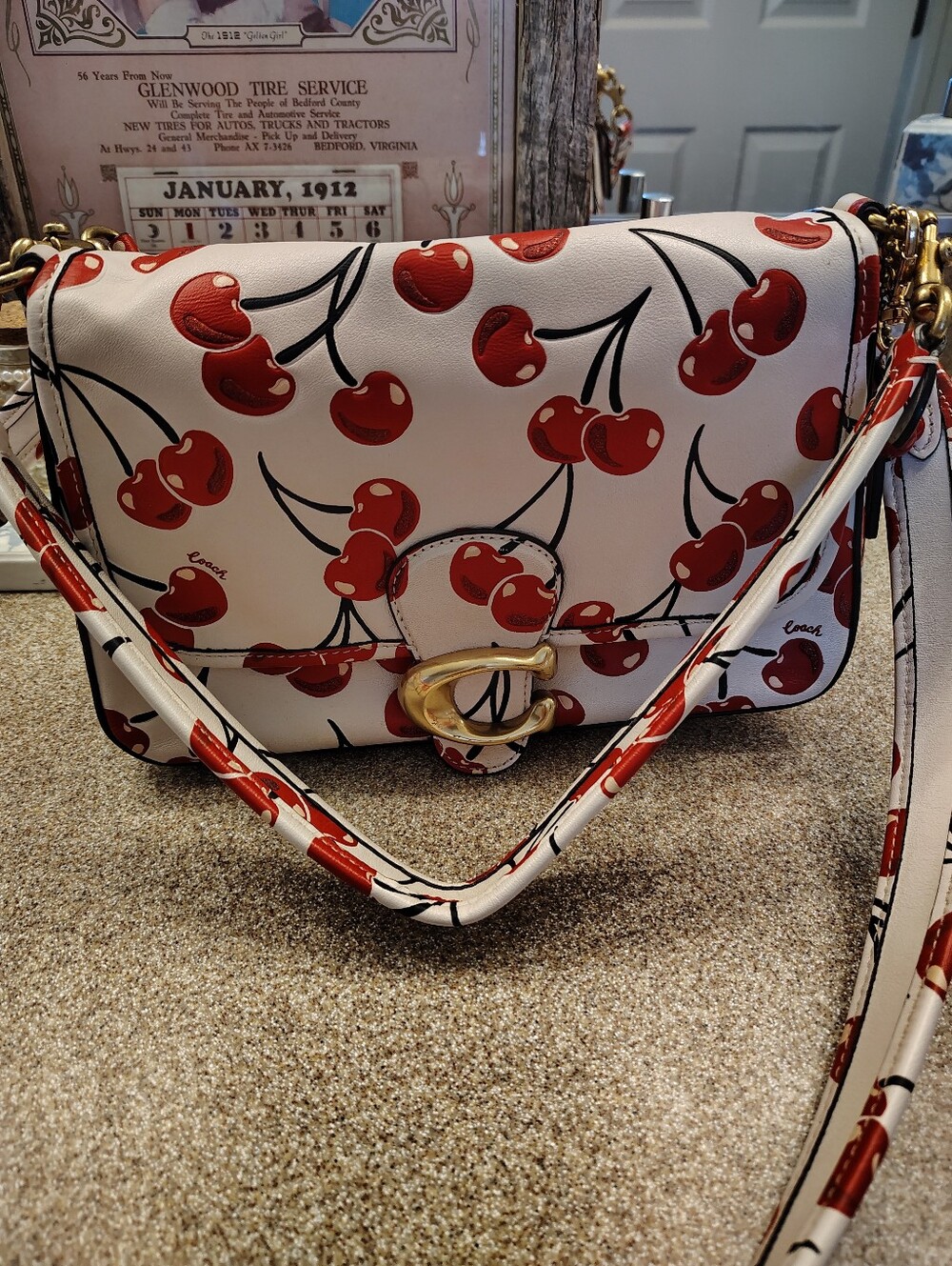 Coach tabby White Cherry-Print Crossbody Bag with Gold Hardware
